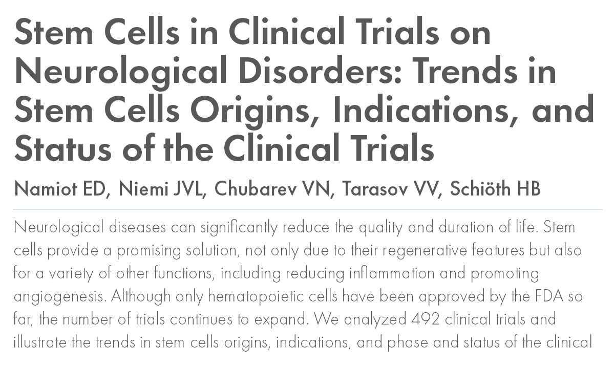 Stem Cells in Clinical Trials on Neurological Disorders: Trends in Stem Cells Origins, Indications, and Status of the Clinical Trials.