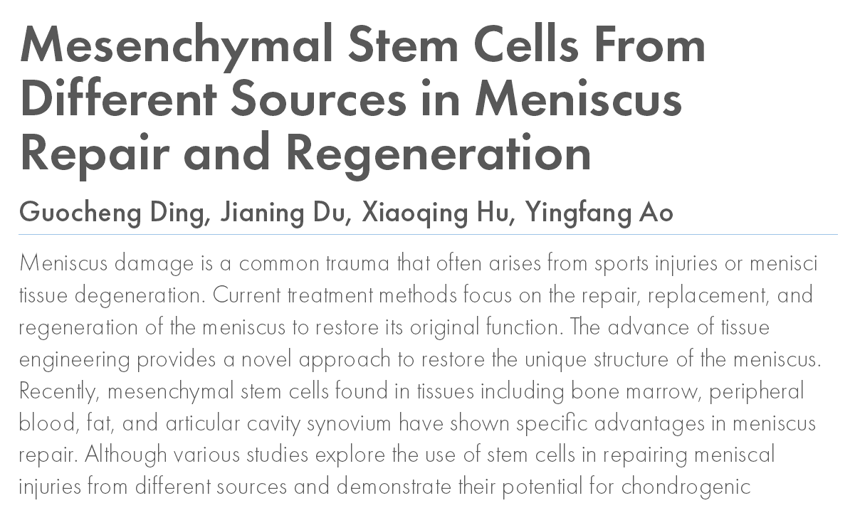 Mesenchymal Stem Cells From Different Sources in Meniscus Repair and Regeneration