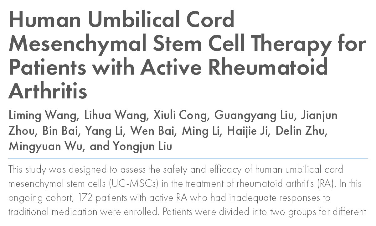 Human umbilical cord mesenchymal stem cell therapy for patients with active rheumatoid arthritis: safety and efficacy